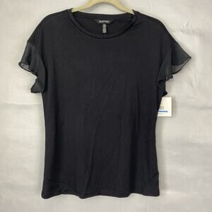 NWT Ellen Tracy Top XL Black Flutter SS Pullover Stretch Basic Blouse Whimsigoth